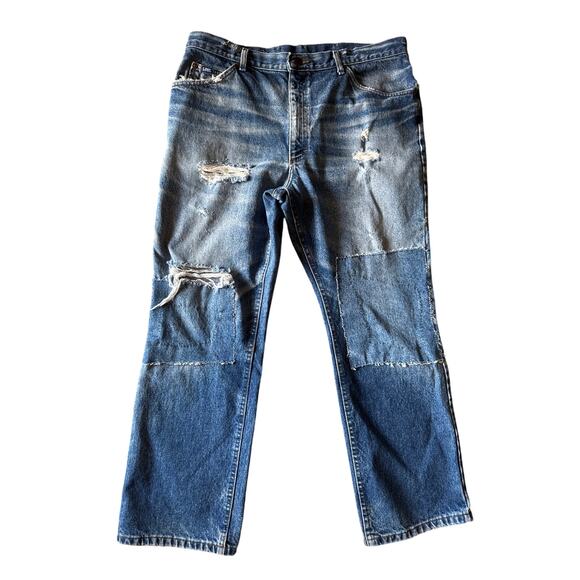 Vintage Lee USA Made Thrashed Patched Straight Leg 35x30 Denim Blue Jeans - Picture 1 of 10
